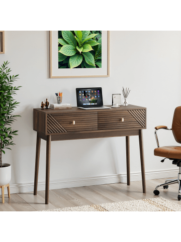 ABRIHOME Schreibtisch in Walnuss mit 2 Wellenschubladen und offenen Fächern