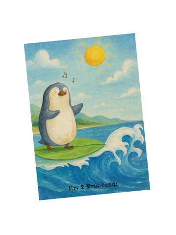 Mr. & Mrs. Panda Postkarte Pinguin Surfer Design ohne Spruch in Weiß