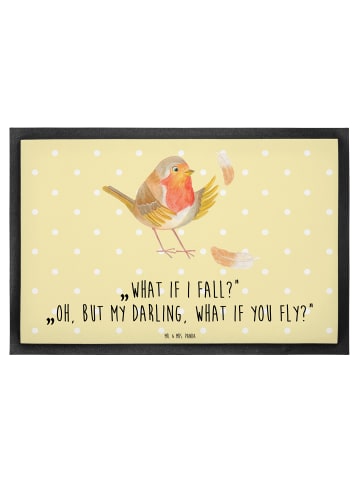 Mr. & Mrs. Panda Fußabtreter Rotkehlchen Federn mit Spruch in Gelb Pastell