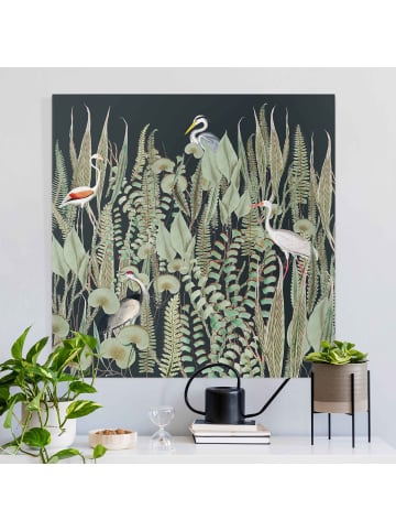 WALLART Leinwandbild - Flamingo und Storch mit Pflanzen auf Grün in Grün