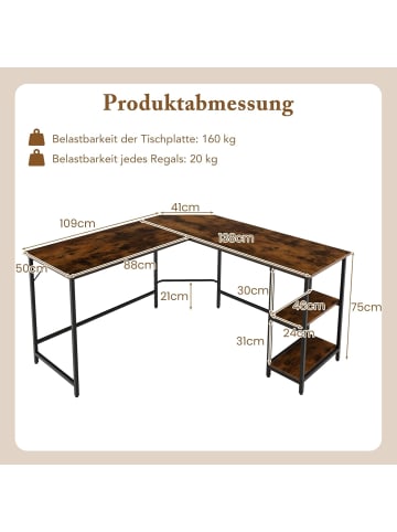 COSTWAY L-förmiger Computertisch in Braun