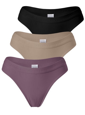Yenita® Strings 3er Set Damen Tanga mit elastischem Logobund in schwarz-beige-pflaume