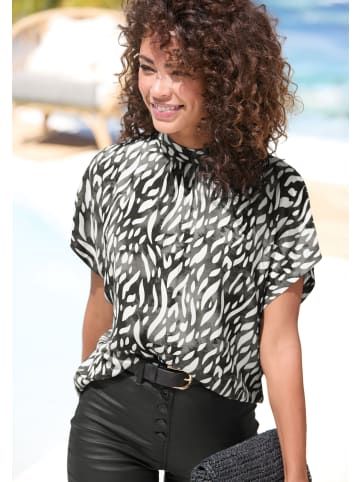 LASCANA Kurzarmbluse in creme-graublau bedruckt