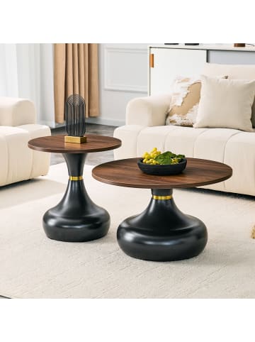 ABRIHOME Couchtisch Set in Schwarz 2-tlg rund Marmoroptik mit Sanduhr Sockel für Wohnzimmer