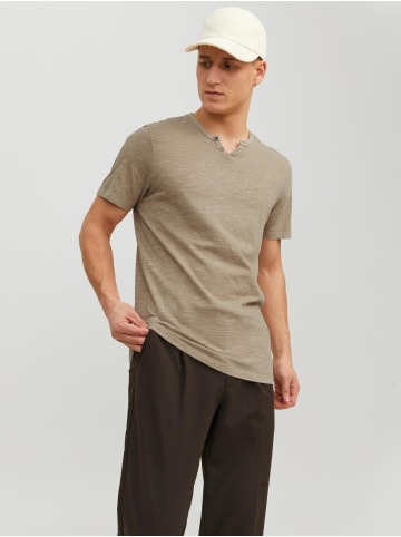 Jack & Jones Basic T-Shirt V-Neck Kurzarm mit Knöpfen JJESPLIT in Braun