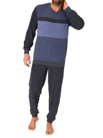 NORMANN Frottee Schlafanzug langarm Bündchen Blockstreifen - 75364 in blau