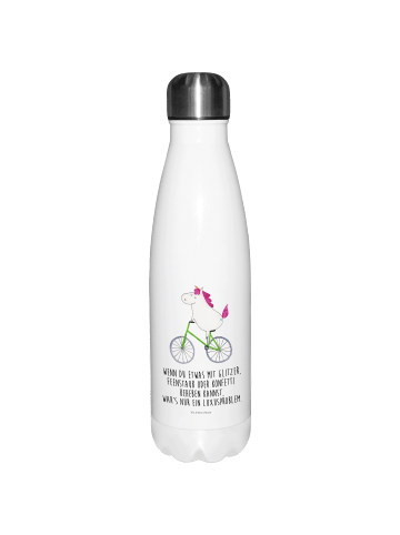 Mr. & Mrs. Panda Thermoskanne Einhorn Radfahrer mit Spruch in Weiß