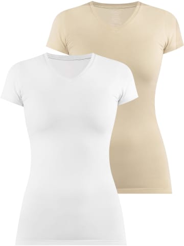 Janice 2 x Figurbetontes T-Shirt mit V-Ausschnitt Siena in Beige/Weiß