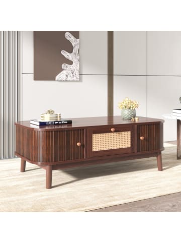 ABRIHOME Couchtisch in Natur mit Massivholzbeinen und 2 Schubladen 110x55 cm