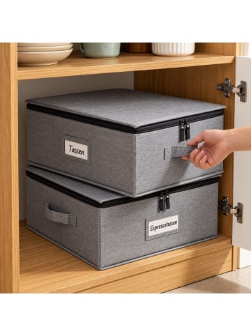 relaxdays 2 x Aufbewahrungsbox für Geschirr "Tassen" in Grau - (B)41,5 x (H)17 x (T)34 cm