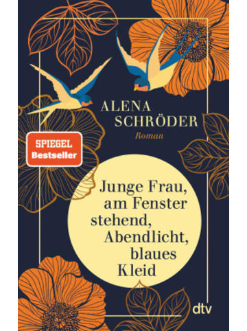 dtv Buch - Junge Frau, am Fenster stehend, Abendlicht, blaues Kleid