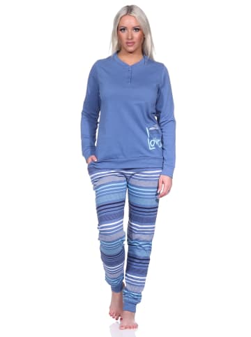 NORMANN Pyjama Bündchen und gestreifter Hose - 75664 in blau-melange