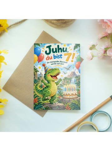 Geburtstagskarte 7. Geburtstag Dinosaurier fröh... in Weiß