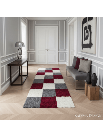 KADIMA DESIGN Teppich Hochflor Shaggy Waschbar Karo RHEIN Strapazierfähig in Rot