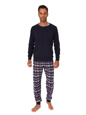 NORMANN langarm Schlafanzug Pyjama Bündchen und karierter Jersey Hose - 83198 in navy