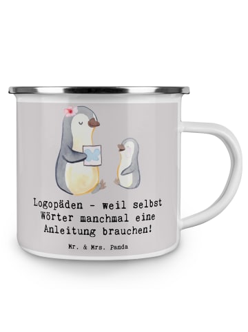 Mr. & Mrs. Panda Emaillebecher Logopädin Helden mit Spruch in Grau Pastell