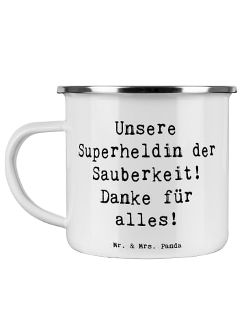 Mr. & Mrs. Panda Tasse Emaille Spruch Putzfrau Superheldin mit S... in Weiß