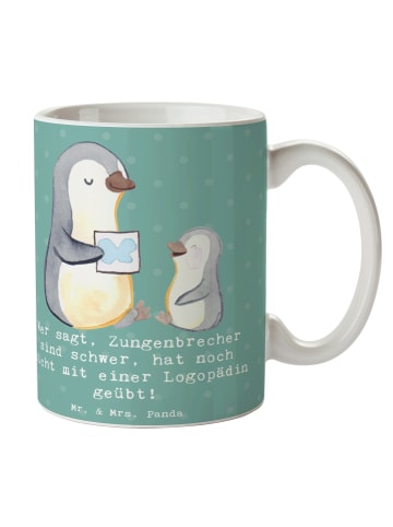 Mr. & Mrs. Panda Kaffeepott Training mit Logopädin mit Spruch in Meeresbrise