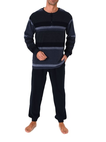 NORMANN Langarm Schlafanzug Frottee Stretch Pyjama Bündchen in marine