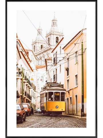 Juniqe Poster in Kunststoffrahmen "Lisbon Tram" in Cremeweiß & Gelb