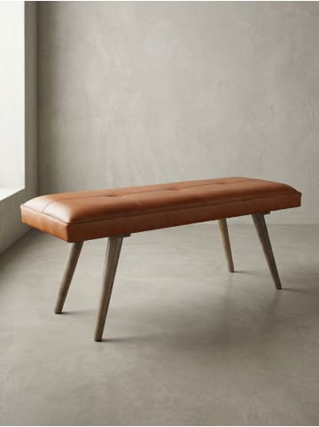 KADIMA DESIGN Sitzbank Ziegenleder / Massivholz Bank 117x51x38 cm im Retro Stil,