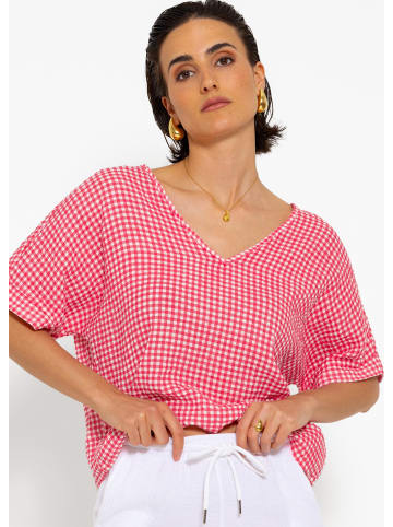 SASSYCLASSY Musselin Shirt mit V-Ausschnitt in pink I weiß