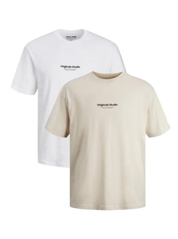 Jack & Jones 2-er Set Logo T-Shirt Kurzarm Shirt JORVESTERBRO in Weiß-Beige
