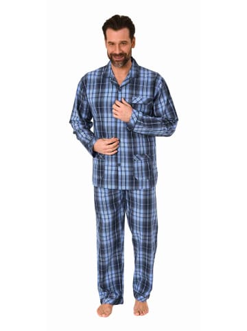 NORMANN langarm Schlafanzug Pyjama gewebt zum Knöpfen in blau