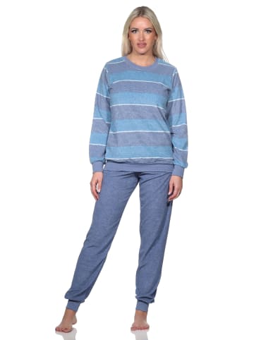 NORMANN Frottee Schlafanzug Bündchen Streifen - 81773 in blau