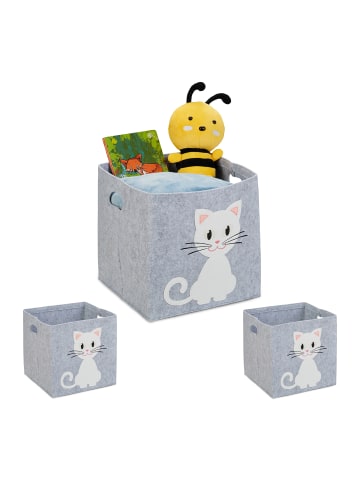 relaxdays 3 x Aufbewahrungskorb "Katze" in Grau  - (B)34 x (H)33 x (T)32 cm