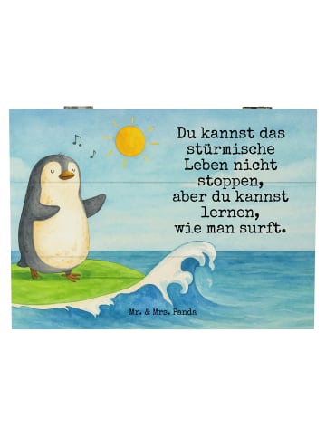 Mr. & Mrs. Panda Holzbox Pinguin Surfer Design mit Spruch in Weiß
