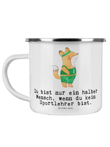 Mr. & Mrs. Panda Camping Emaille Tasse Sportlehrer Herz mit Spruch in Weiß
