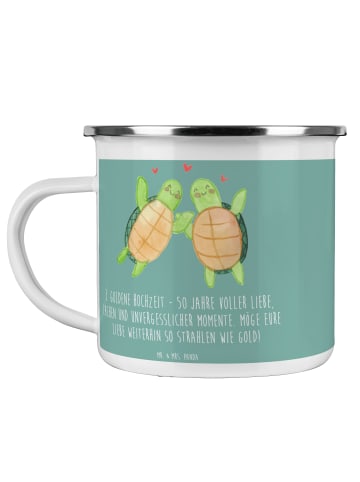 Mr. & Mrs. Panda Camping Emaille Tasse 50. Hochzeitstag mit Spruch in Meeresbrise