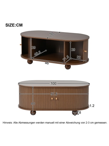 ABRIHOME Couchtisch in Walnuss oval mit Schiebetüren Stauraum platzsparend