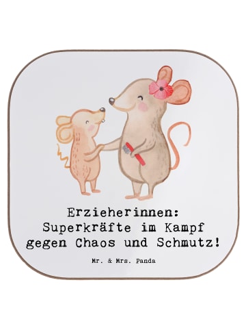 Mr. & Mrs. Panda Holz Untersetzer Superheldin Erzieherin mit Spruch in Weiß