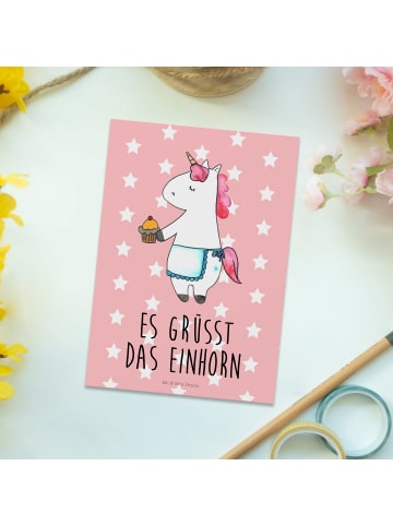Mr. & Mrs. Panda Ansichtskarte Einhorn Muffin mit Spruch in Rot Pastell