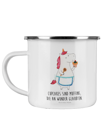 Mr. & Mrs. Panda Camping Emaille Tasse Einhorn Küche mit Spruch in Weiß