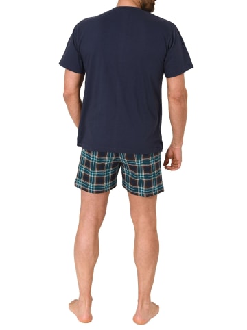 NORMANN Schlafanzug kurzarm Shorty mit karierter Jersey Hose - 86251 in marine