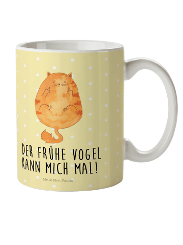 Mr. & Mrs. Panda Kindertasse Katze Frühaufsteher mit Spruch in Gelb Pastell