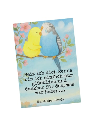Mr. & Mrs. Panda Postkarte Wellensittich Liebe Design mit Spruch in Weiß