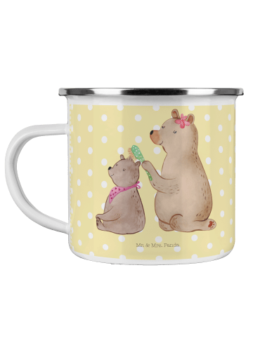 Mr. & Mrs. Panda Camping Emaille Tasse Bär Kind ohne Spruch in Gelb Pastell