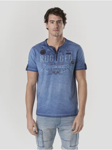 KOROSHI Henley cotton print-emb washed t-shirt in blau