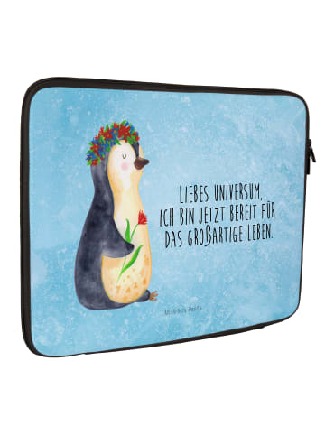 Mr. & Mrs. Panda Laptop Hülle Pinguin Blumen mit Spruch in Eisblau
