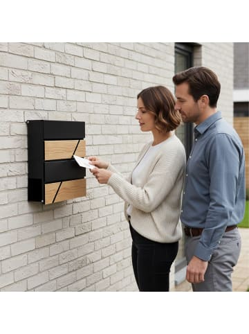 relaxdays Briefkasten "Holzoptik" in Schwarz/ Natur – (B)37 x (H)37 x (T)11 cm