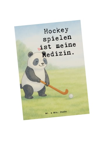 Mr. & Mrs. Panda Postkarte Panda Hockey spielen Design mit Spruch in Weiß