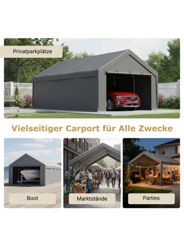 ABRIHOME Carport in Grau 4x7,6 m verzinkter Stahl UV beständig mit Rollup Fenstern