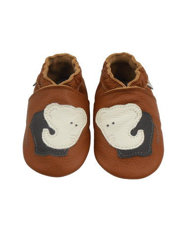 Bemesu Braune Baby-Leder-Laufschuhe, komfortabel mit rutschfester Sohle -Elefantenmotiv