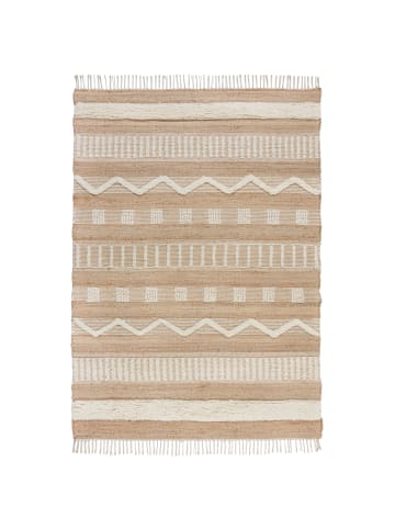 KADIMA DESIGN Teppich Hoch-Tief Struktur Gestreift, Ethno, Fransen in Natur-Weiß