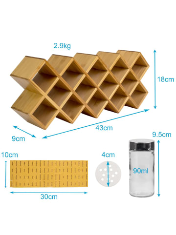Intirilife Gewürzregal Set mit 18 Gewürzgläsern Küchenregal in Braun