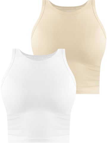 Janice 2 x Damen crop Top hochgeschlossen Niah in Beige/Weiß